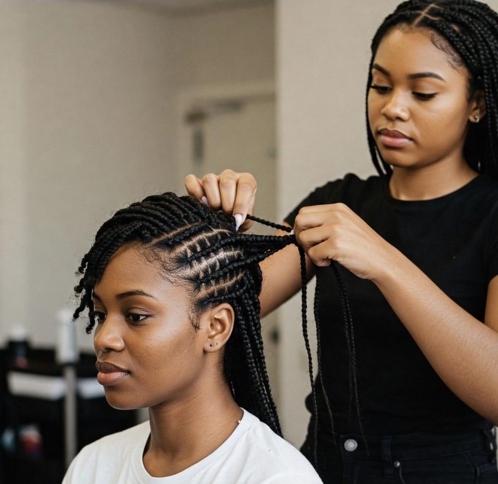 Une coiffeuse tresse les cheveux de sa cliente